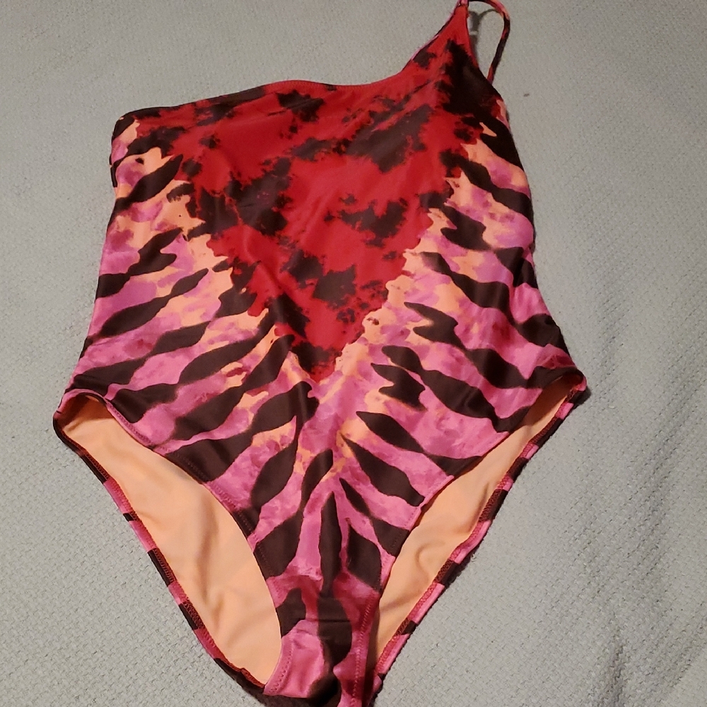 Aerie Red and Pink Never Worn One Piece Swimsuit with Dynamic Tie-Dye Design
